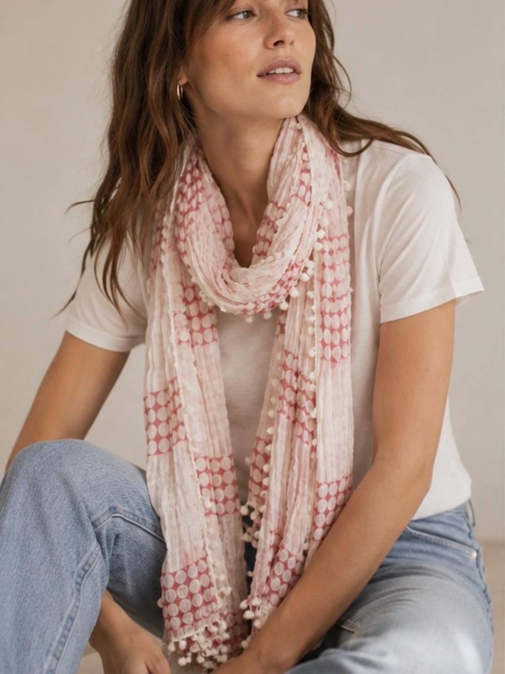 Ann Taylor Pink Ombré Polka Dot Crinkle Scarf Pom Pom Trim Wrap Shawl OS
